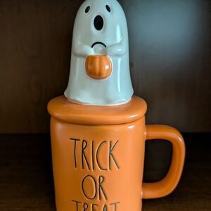 Rae Dunn Orange Trick or Treat Mug with Ghost Lid